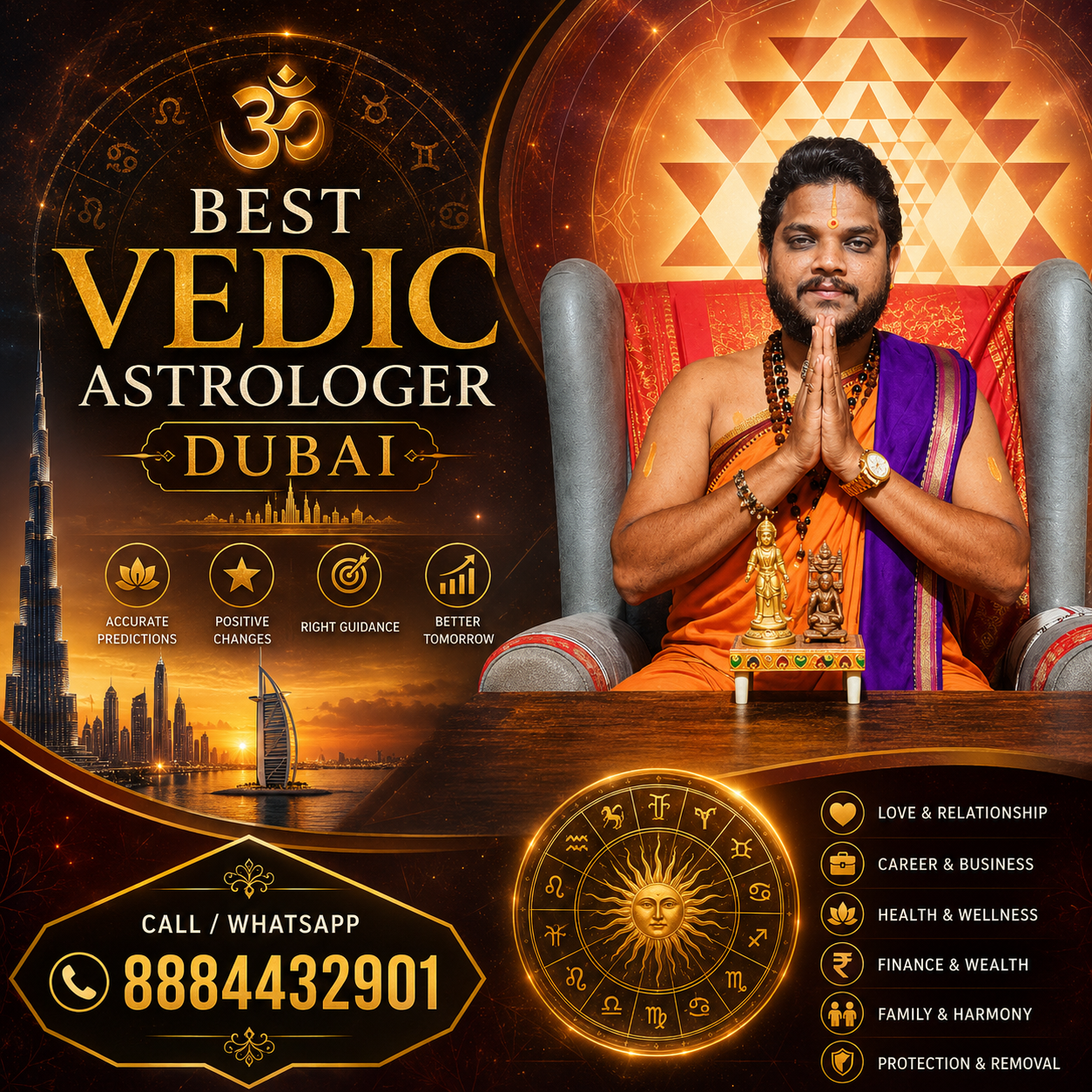Premium poster of Maruthi Guruji, best Vedic astrologer in Dubai, offering horoscope reading, love and relationship guidance, career astrology, financial consultation, and spiritual healing services.