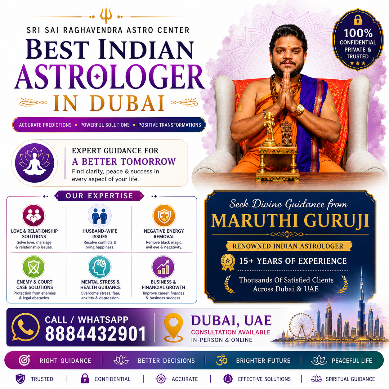 Best Indian Astrologer in Dubai Maruthi Guruji offering love problem solutions, marriage astrology, black magic removal and accurate horoscope reading in UAE