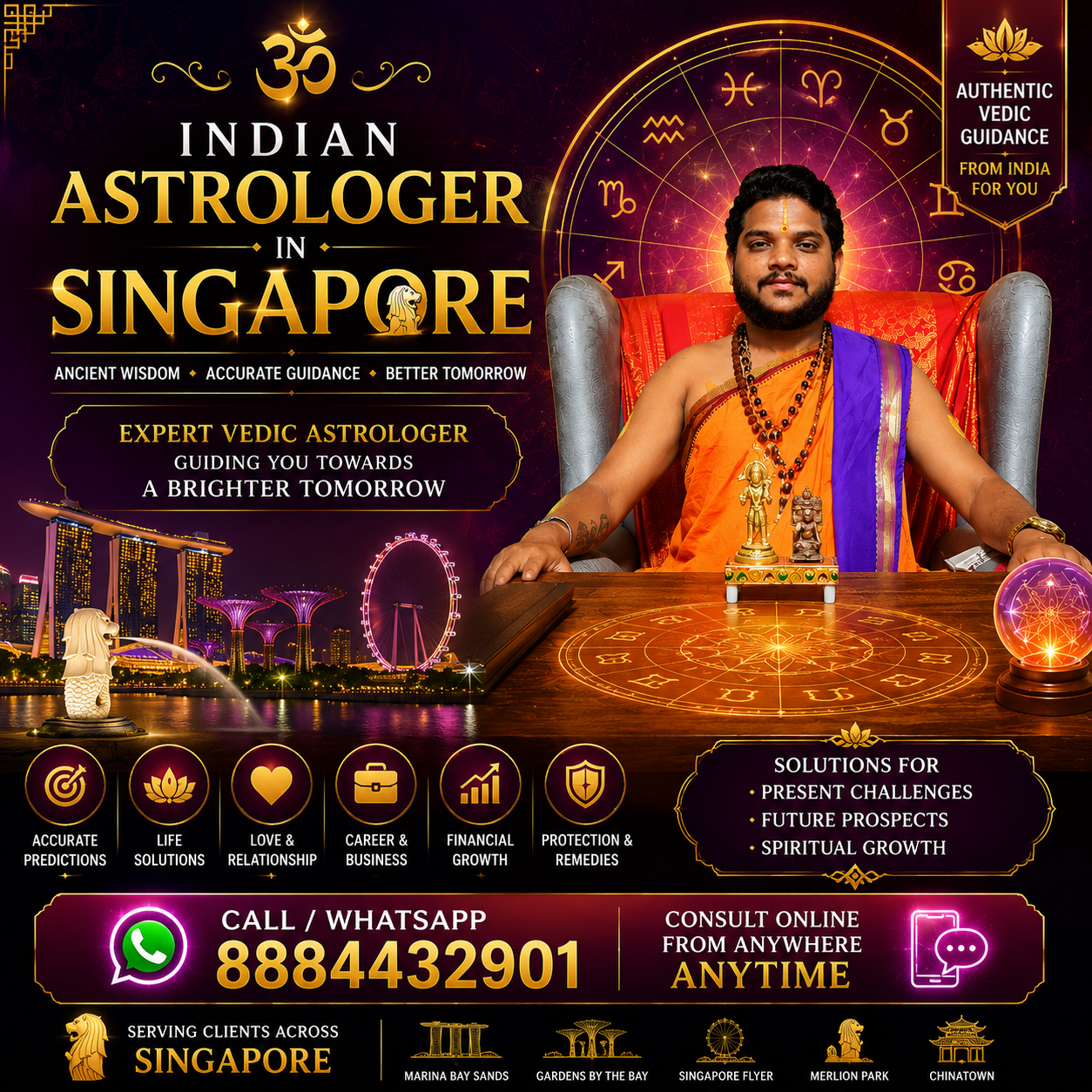 Premium poster of Indian Astrologer Maruthi Guruji in Singapore offering Vedic astrology consultation, horoscope reading, love relationship guidance, career solutions, financial growth, and spiritual protection services.