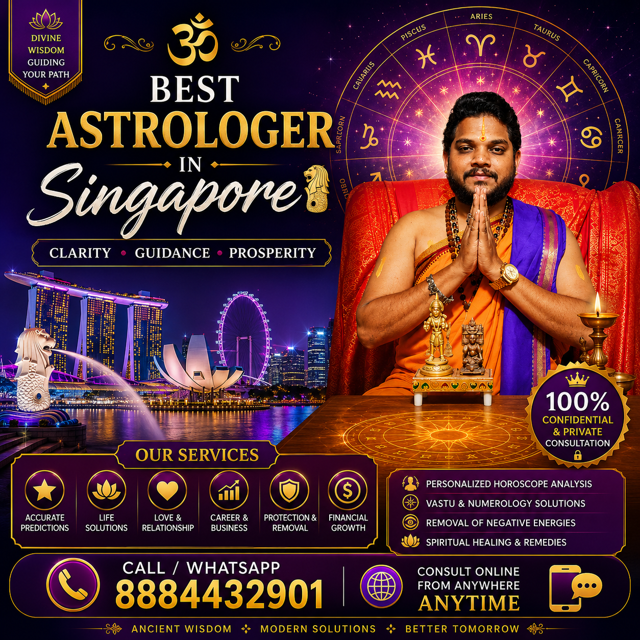 Best Horoscope Reader in Singapore poster featuring Indian astrologer with Vedic astrology symbols, horoscope wheel, spiritual consultation services, and online astrology guidance.